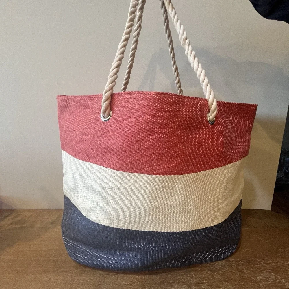 Large Nautical Beach Tote Pool Bag Rope Handles Red White Blue Coastal Vacation